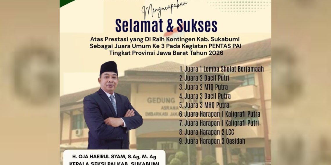 Kafilah Kabupaten Sukabumi Raih Juara Umum III PENTAS PAI SD Tingkat Jawa Barat 2026